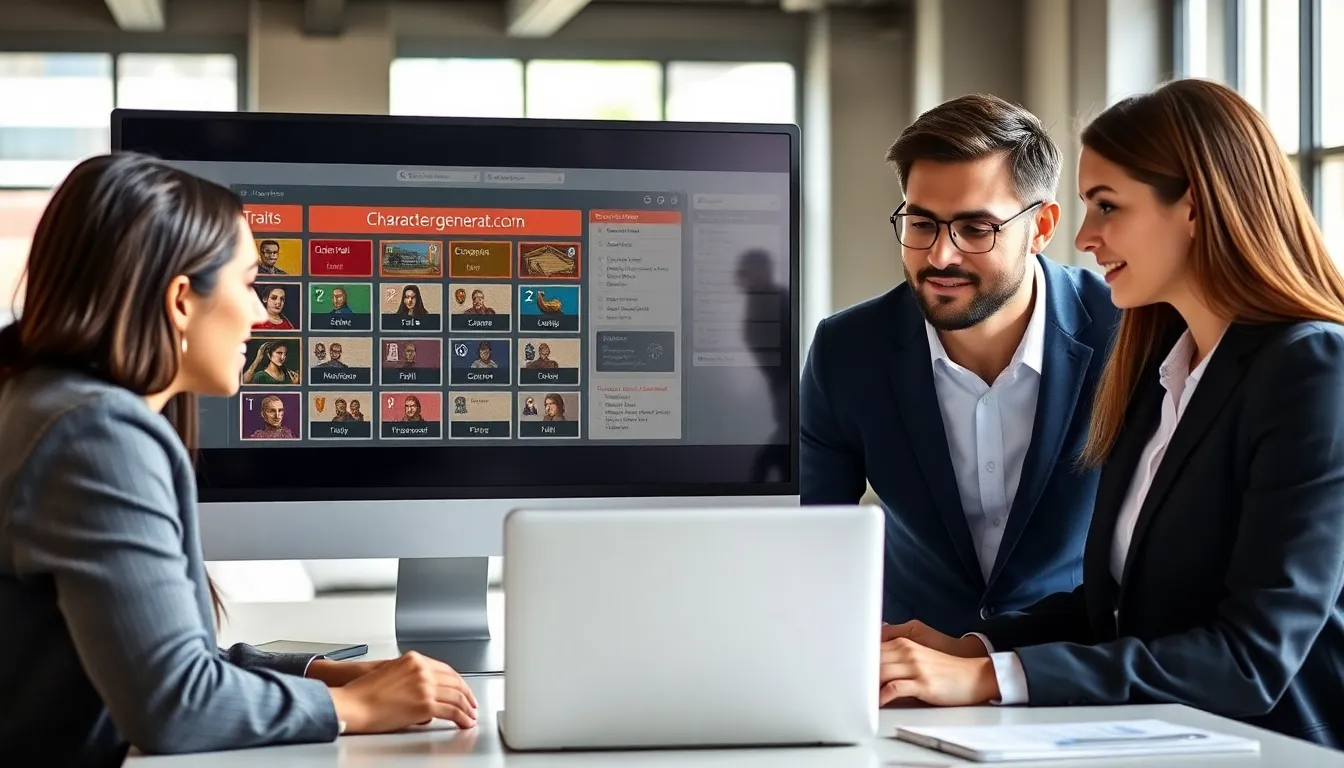 professionals using an online character generator in a modern office.