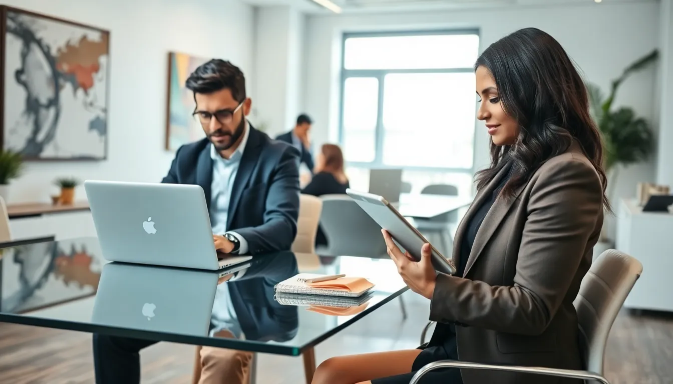 diverse real estate team communicating via email in a modern office.