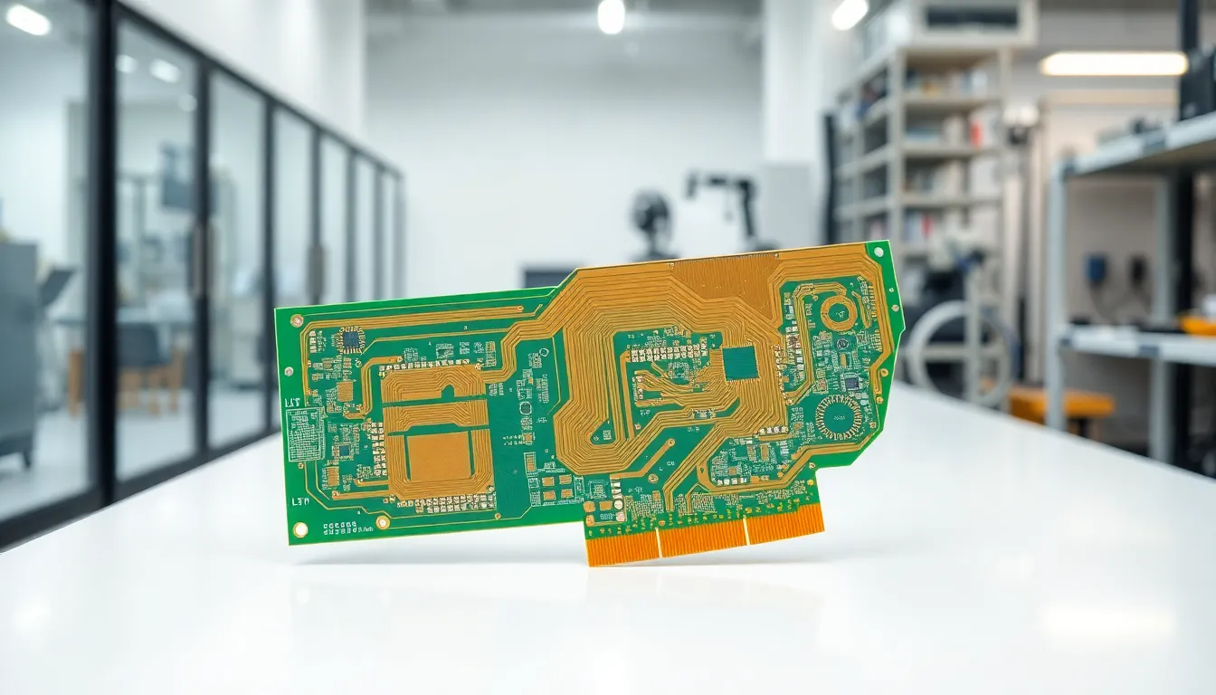 Close-up of rigid flex PCB in a modern engineering workspace.