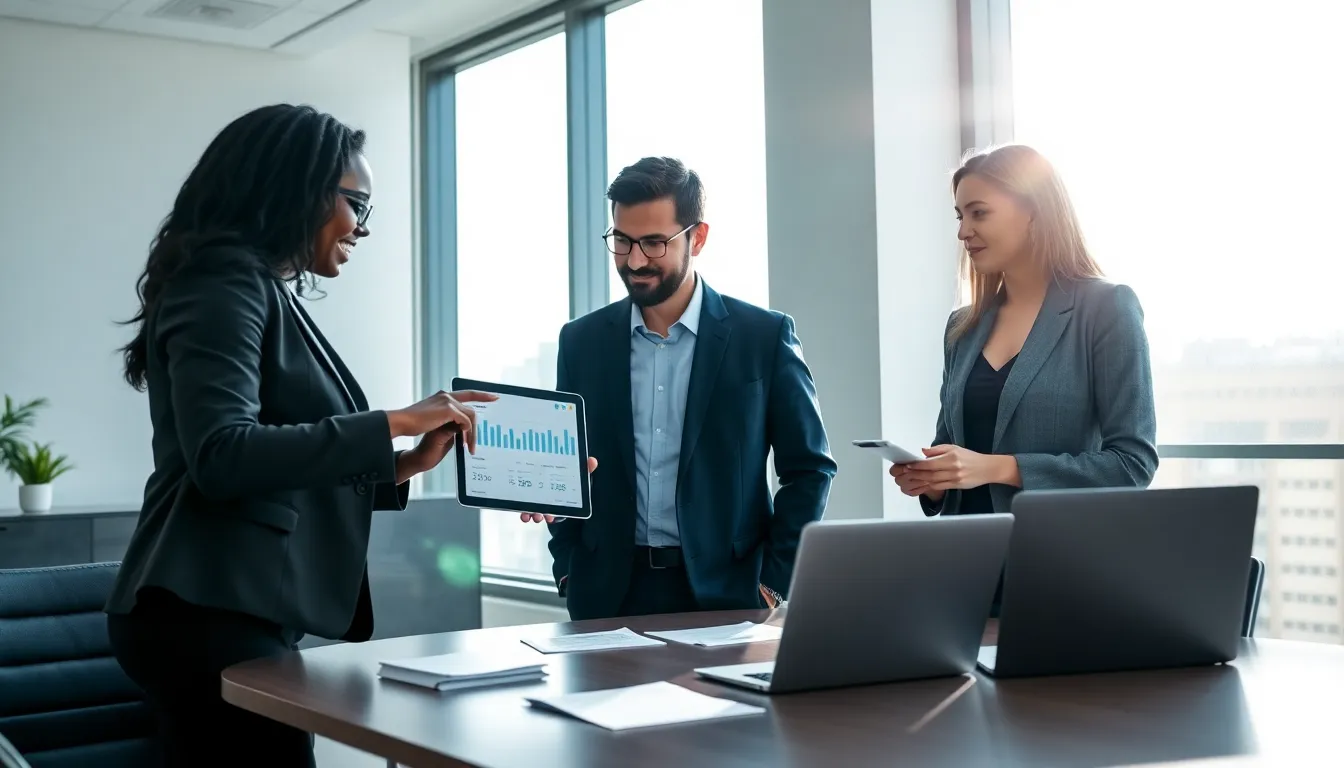 diverse professionals discussing intelligent finance in a modern office.