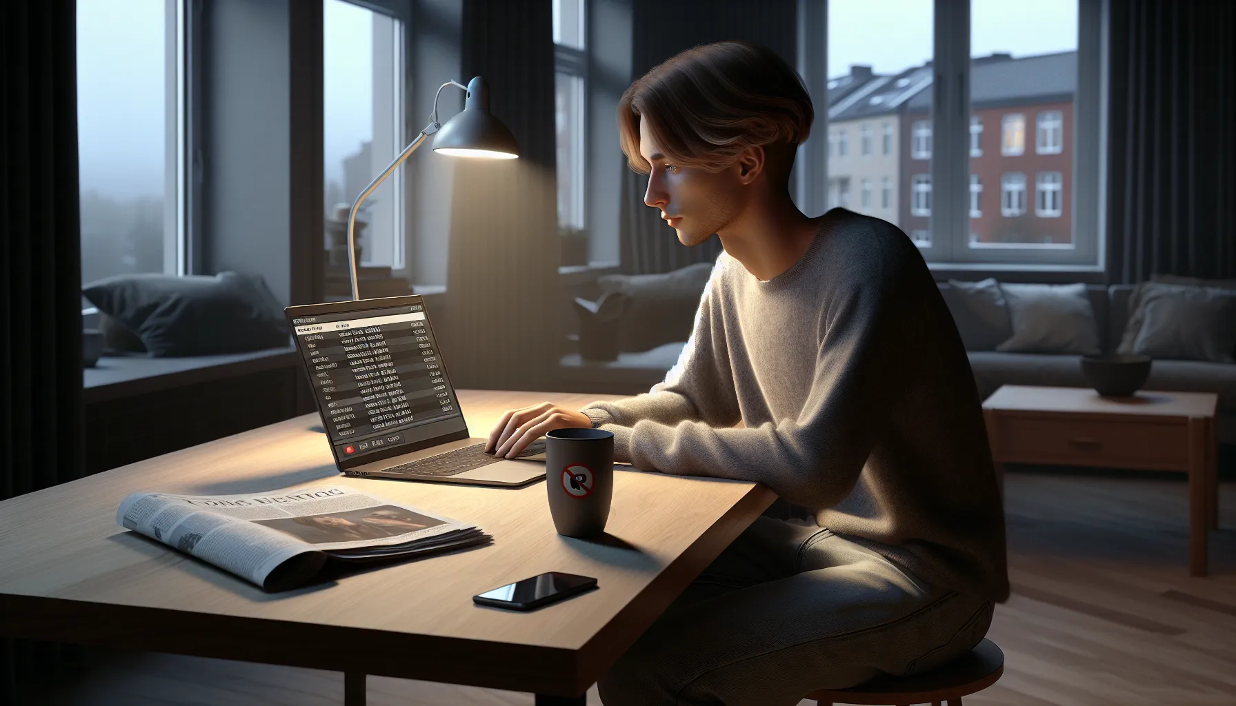 Young adult in norwegian apartment using a torrent client that uploads copyrighted files.