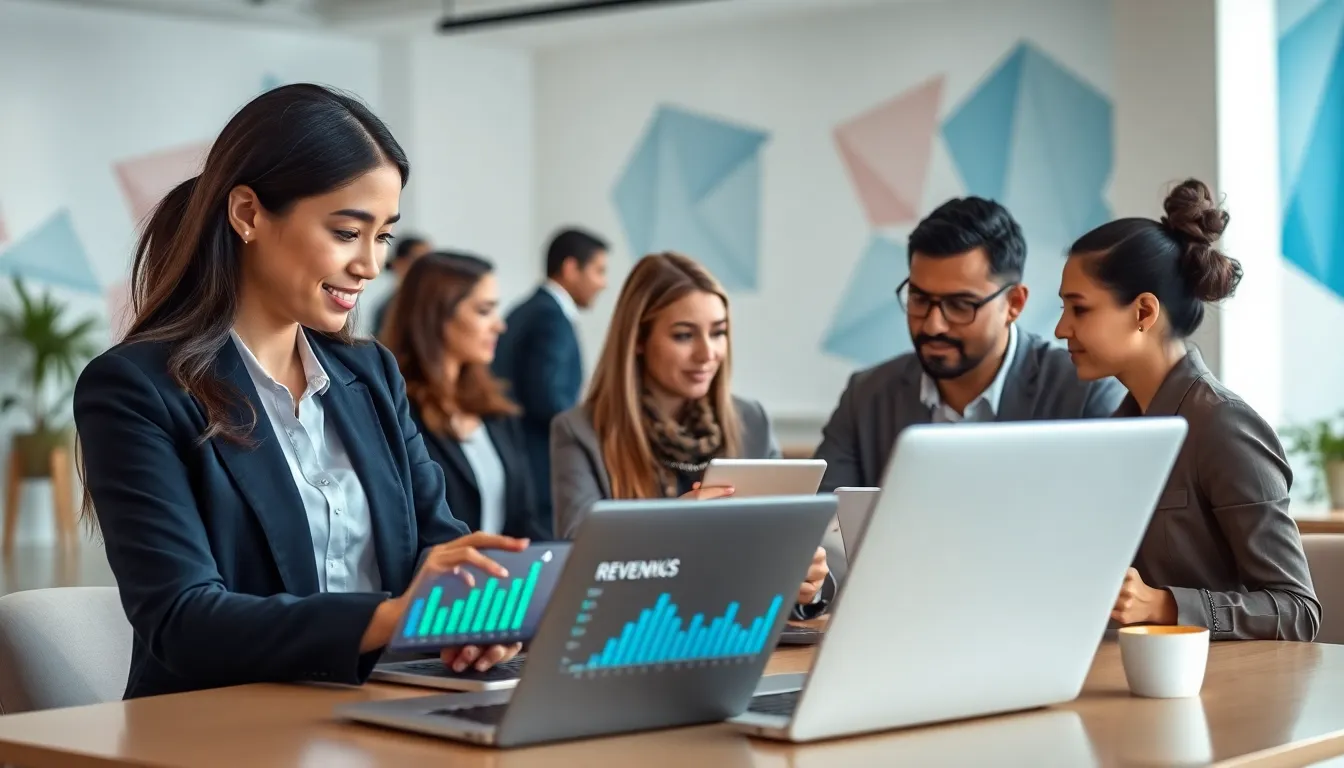 diverse professionals collaborating in a modern digital workspace.