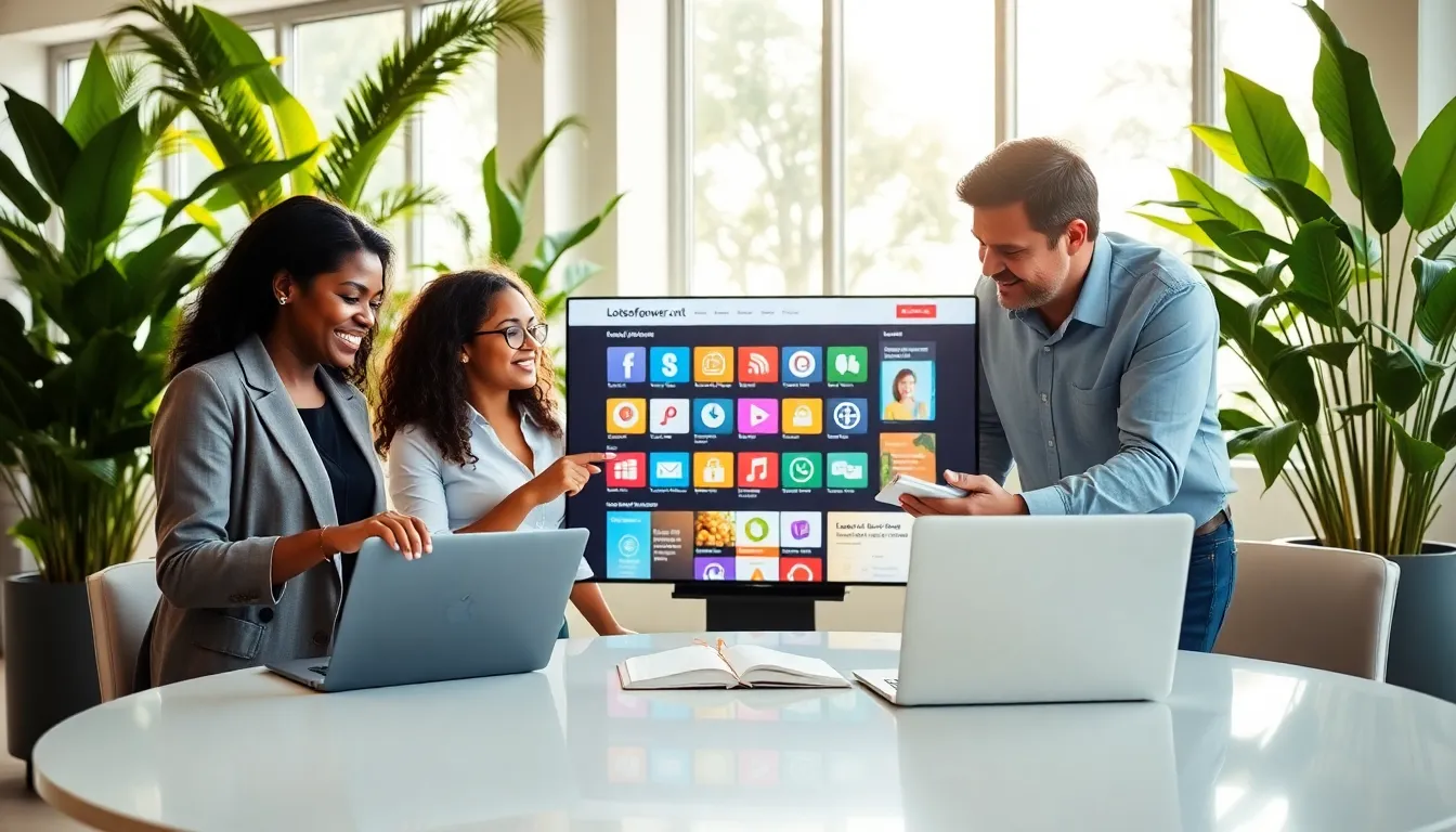 three professionals collaborating in a bright, modern office space.
