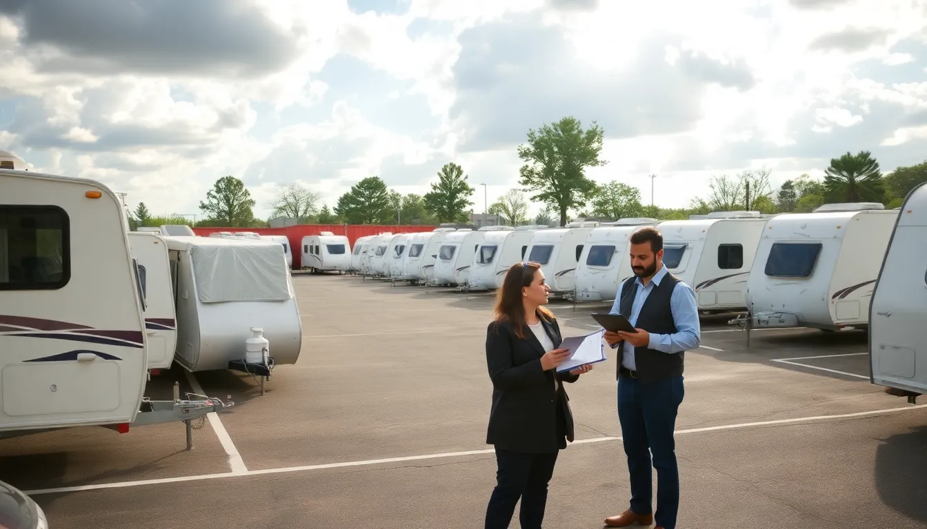 travel trailer storage facility with diverse professionals discussing options.