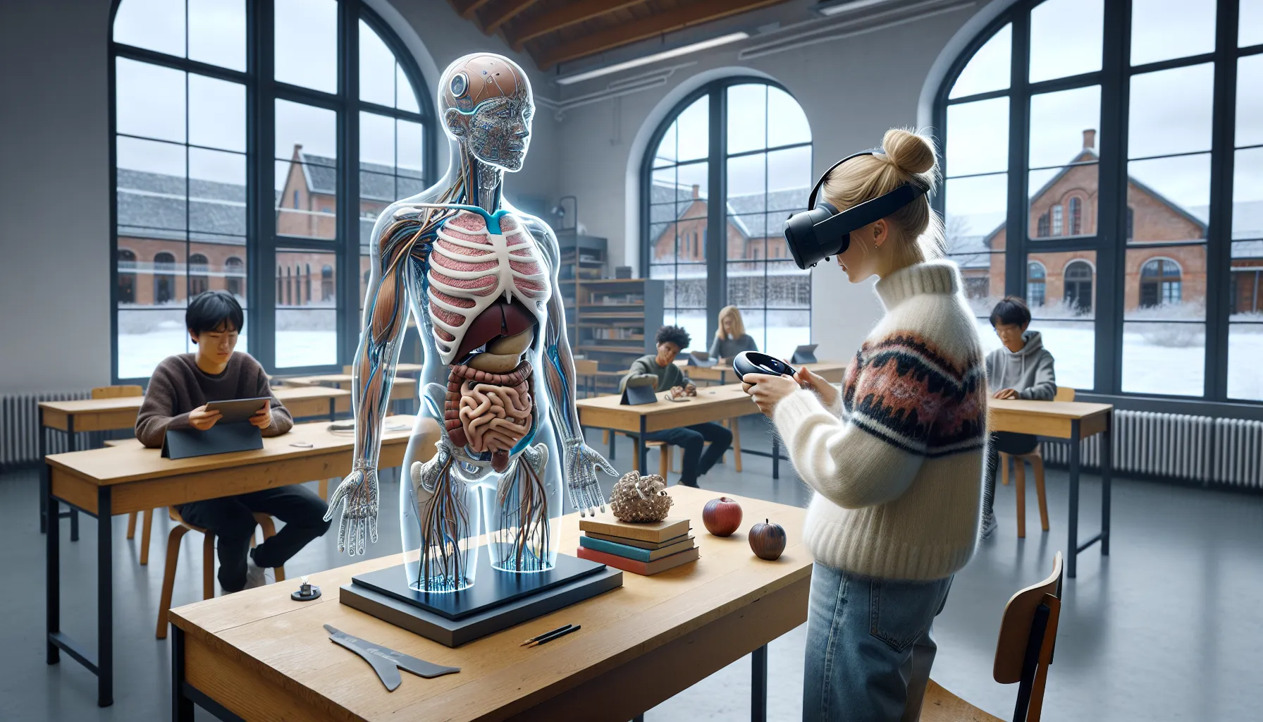 Slik kan lærere bruke vr og ar for å skape interaktive læringsopplevelser 2 Norwegian teacher leading students using vr headset and ar anatomy model in class.