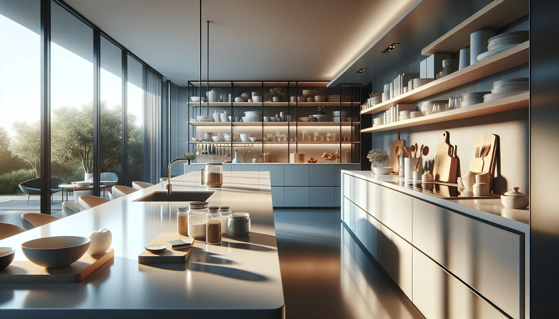 modern kitchen featuring melamine countertops and utensils.
