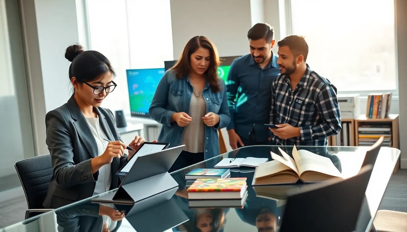 diverse team of beginner game developers collaborating in a modern workspace.