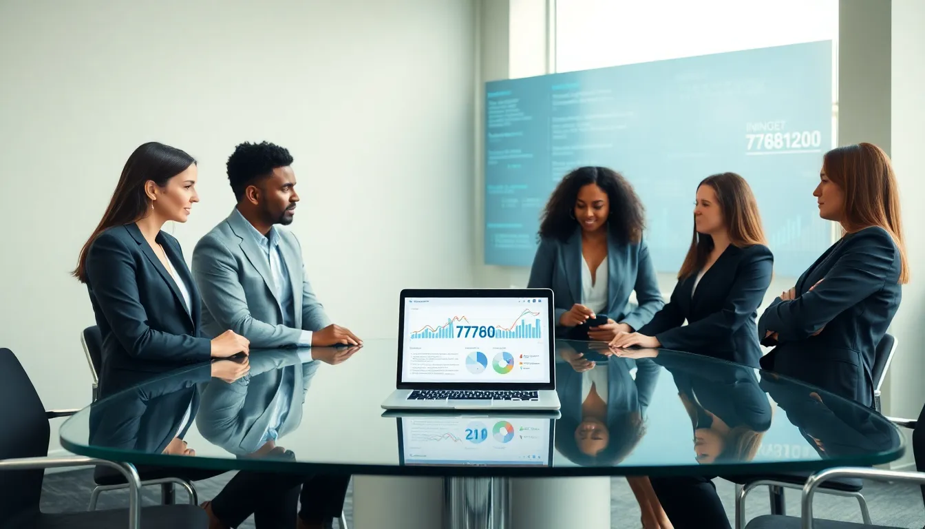 Diverse professionals collaborating in a modern office over analytical data.