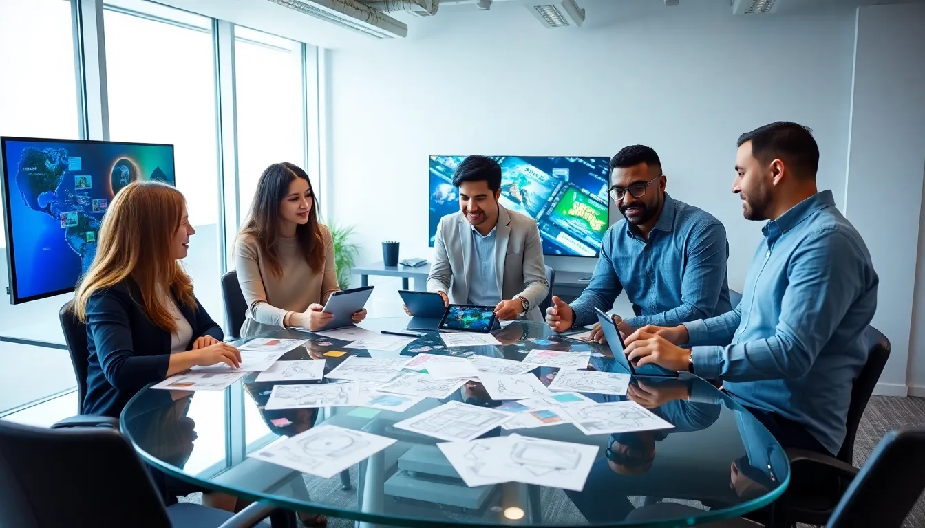 diverse team collaborating in a modern game design office.