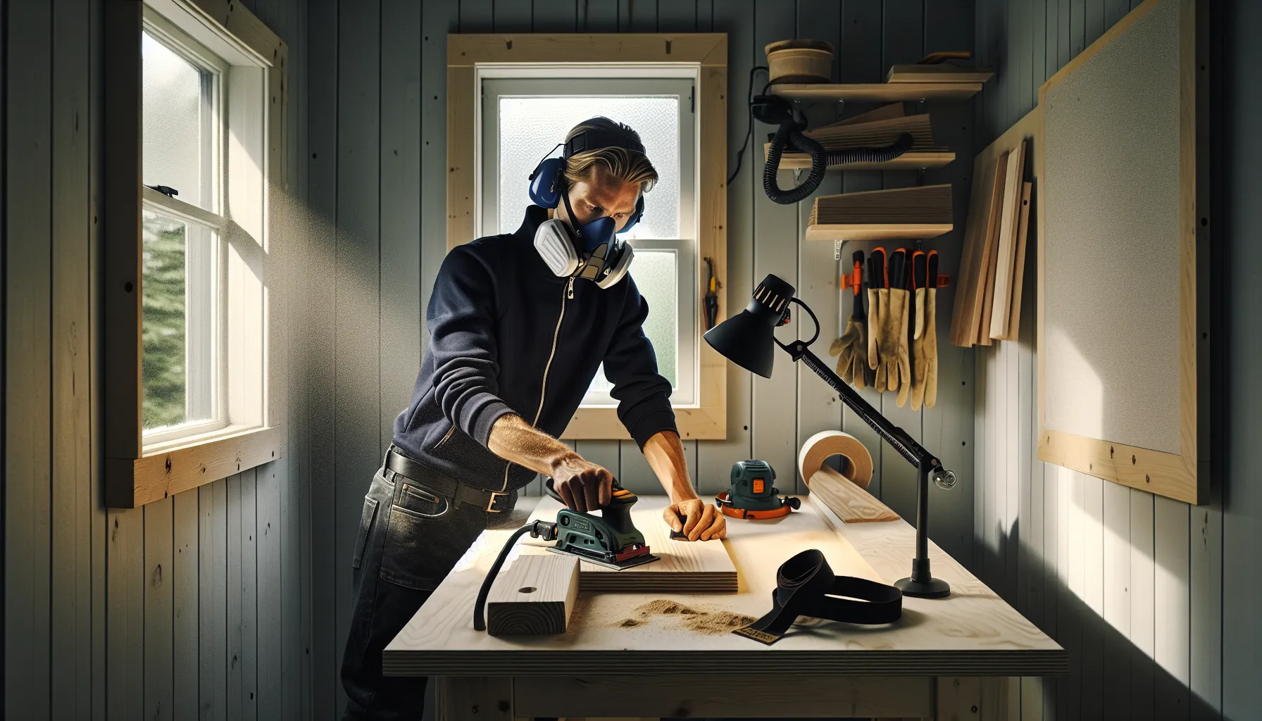 Worker clamps wood with ppe in a tidy norwegian workshop before sanding.