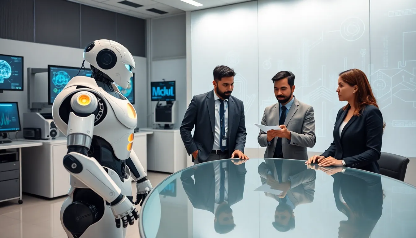 robot in a modern lab with a diverse team analyzing data.