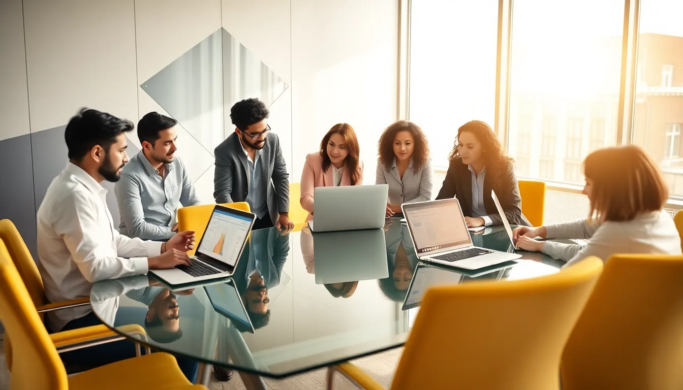 diverse team collaborating in a modern office on low code projects.