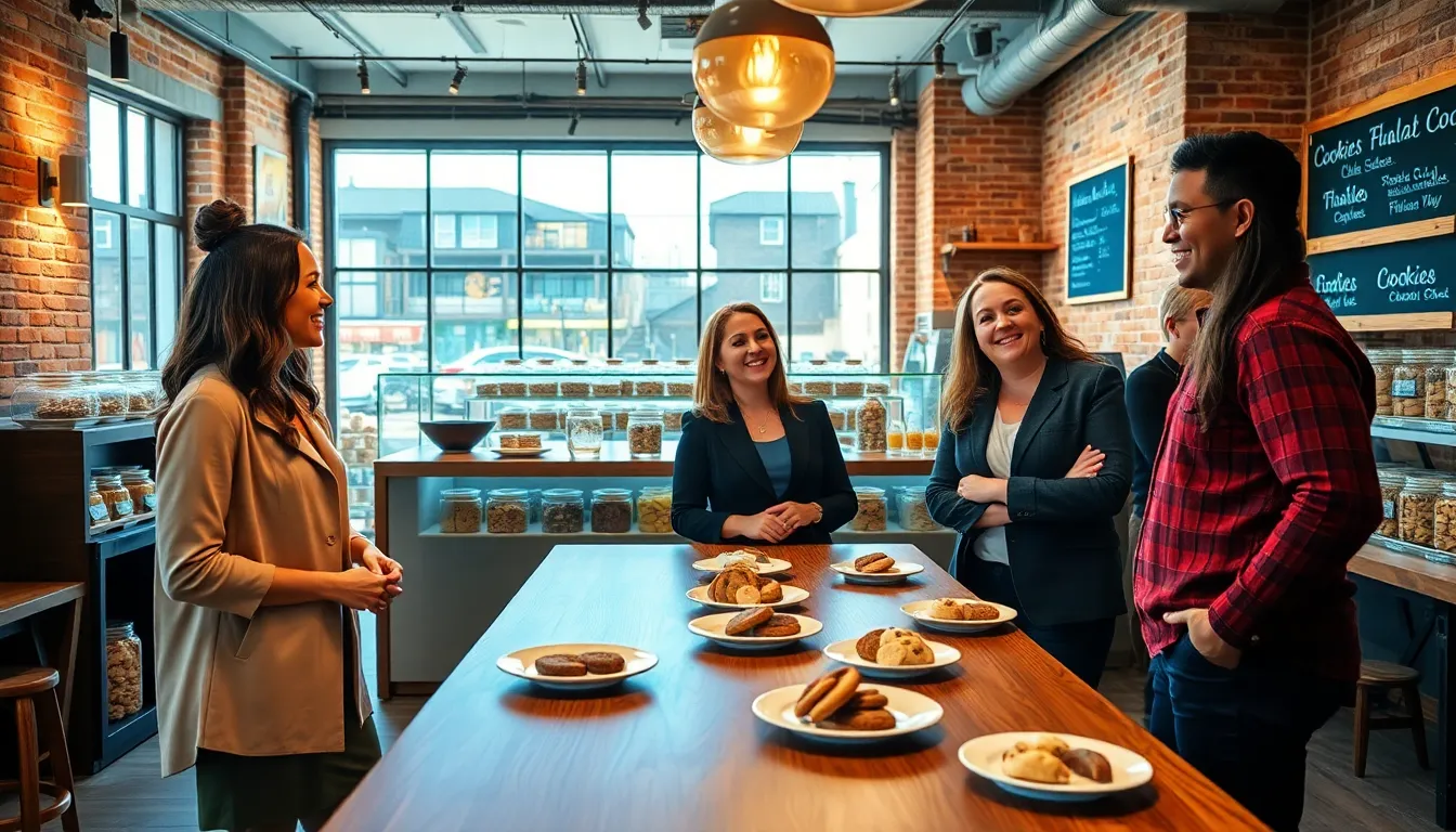 professionals discussing cookies in a modern bakery.