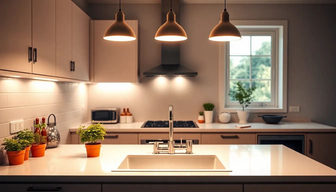 modern kitchen sink area with stylish overhead lighting.