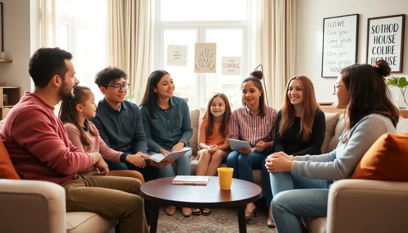 family discussing house rules in a modern living room.