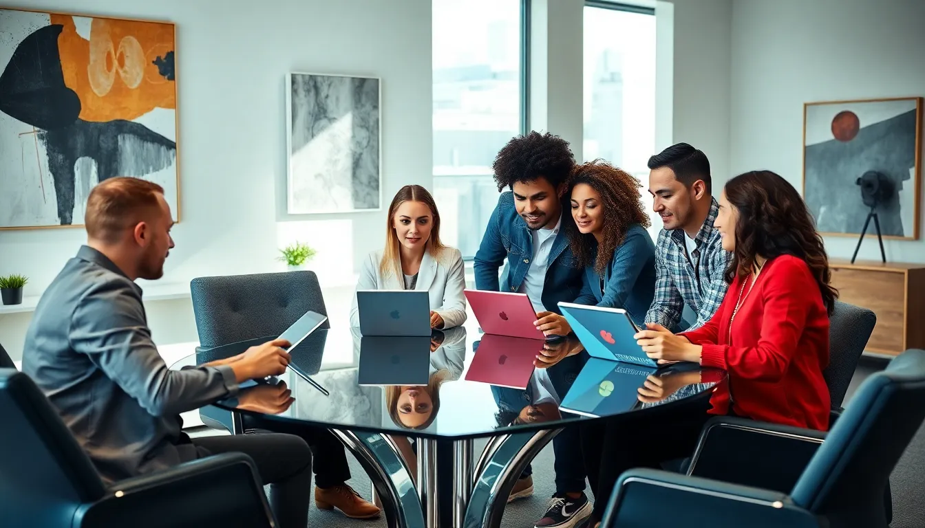 diverse team brainstorming in a modern office setting.