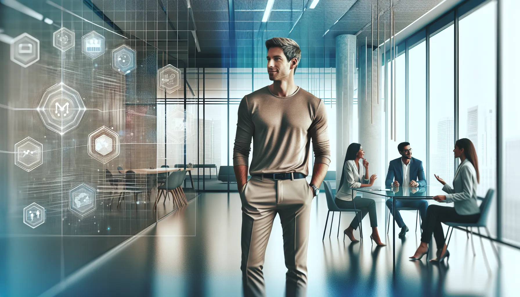 a professional in a modern office collaborating with a diverse team.