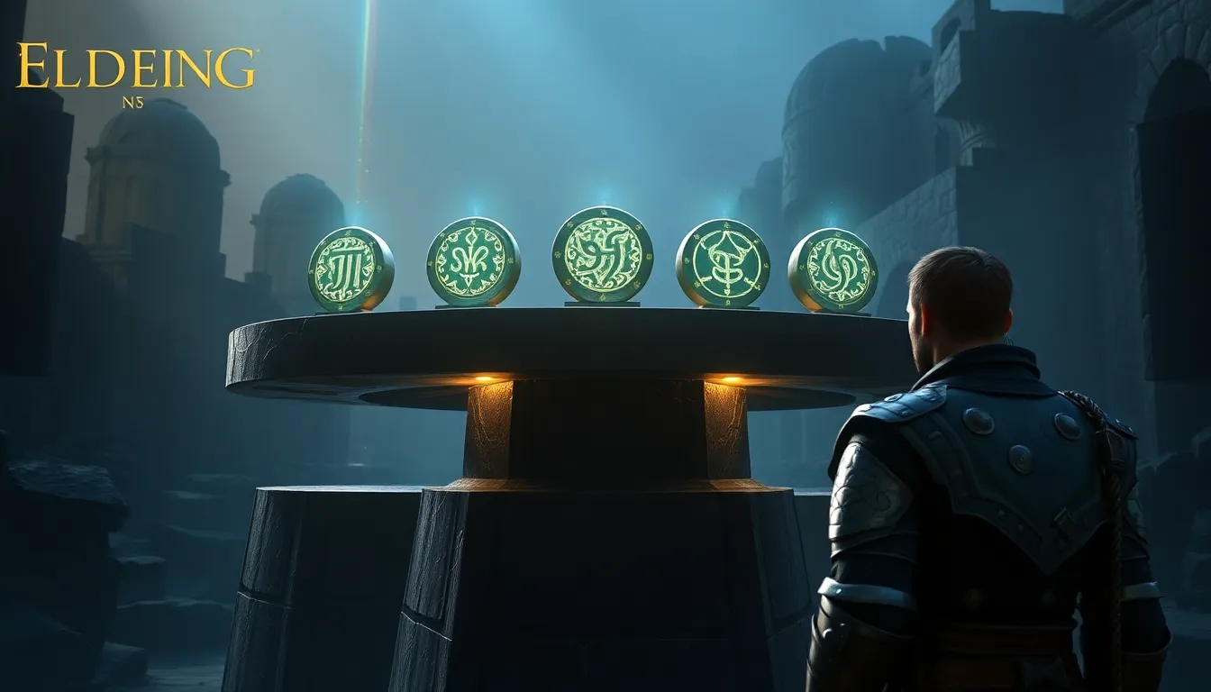 a character examining glowing Great Runes in a fantasy setting.