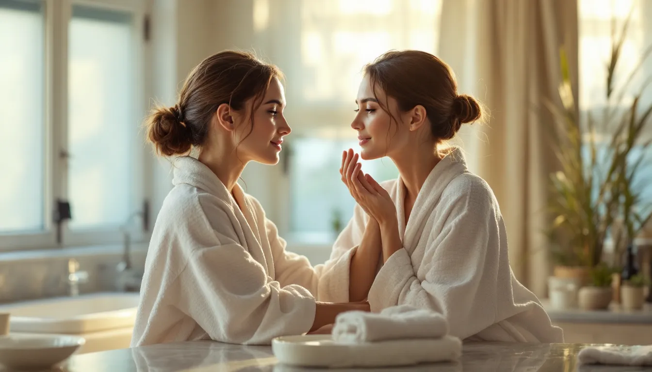 Woman examining her bare, freshly washed skin in a bathroom mirror at morning.