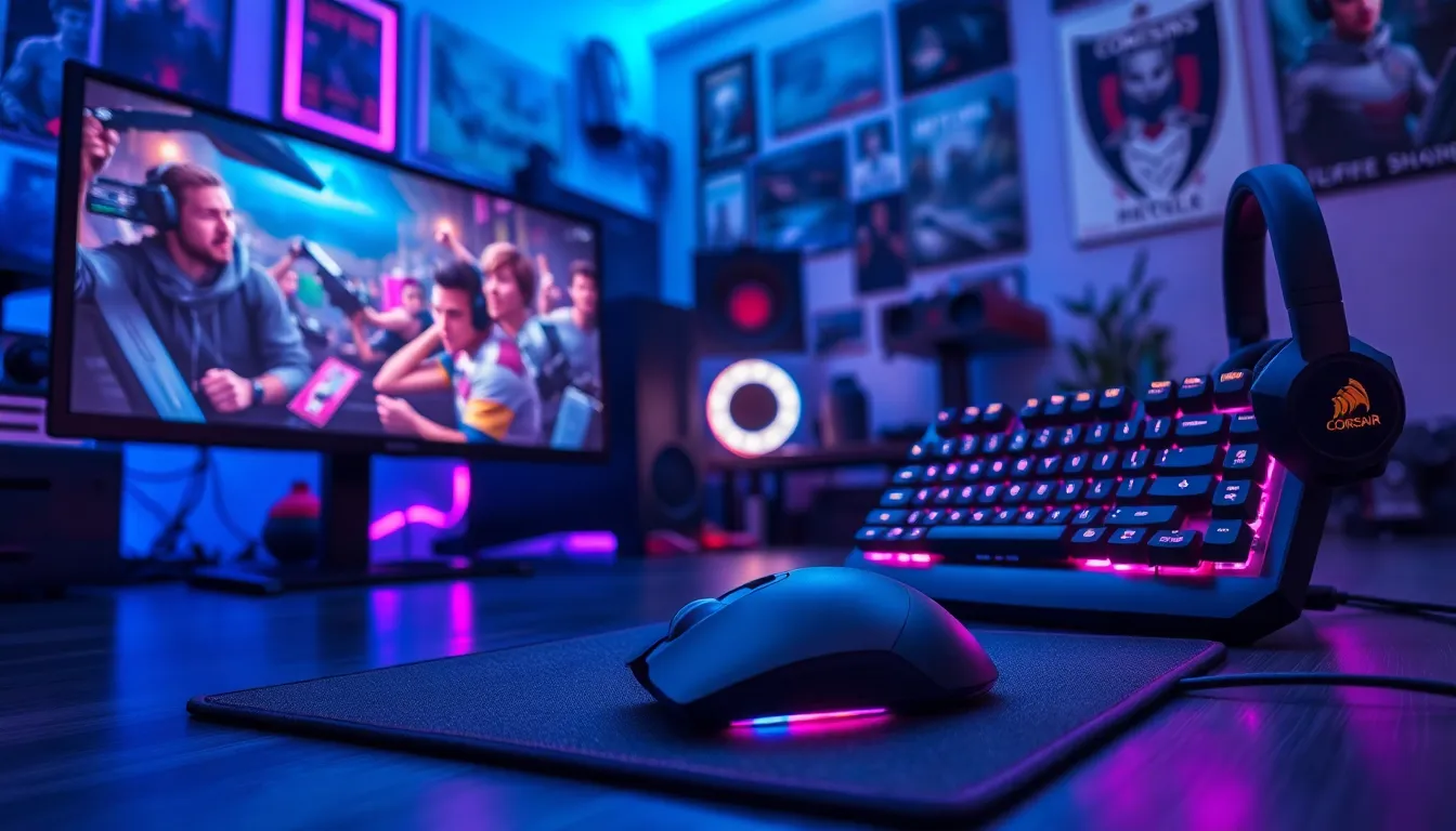 a high-performance gaming setup with a mouse, keyboard, and headset.
