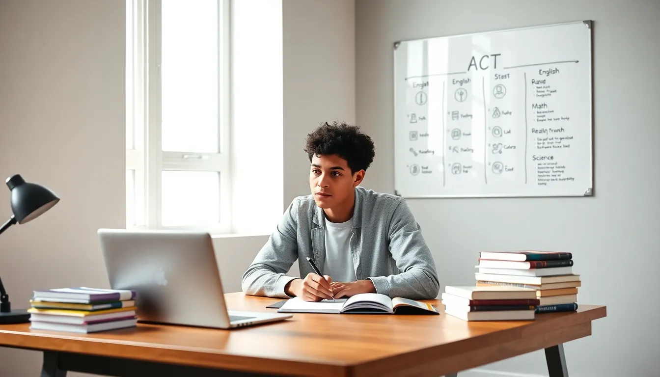 Student studying the ACT test structure in a modern study space.