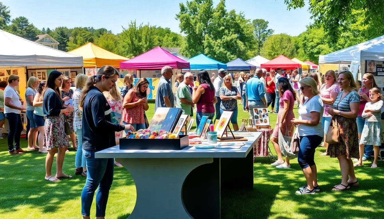 Artists and visitors enjoying the Crozet Arts and Crafts Festival outdoors.