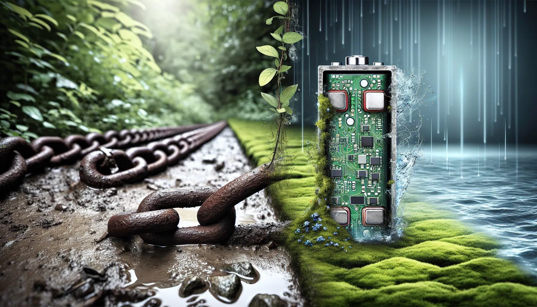 An image showing rusting iron and oxidation in a battery simulation.