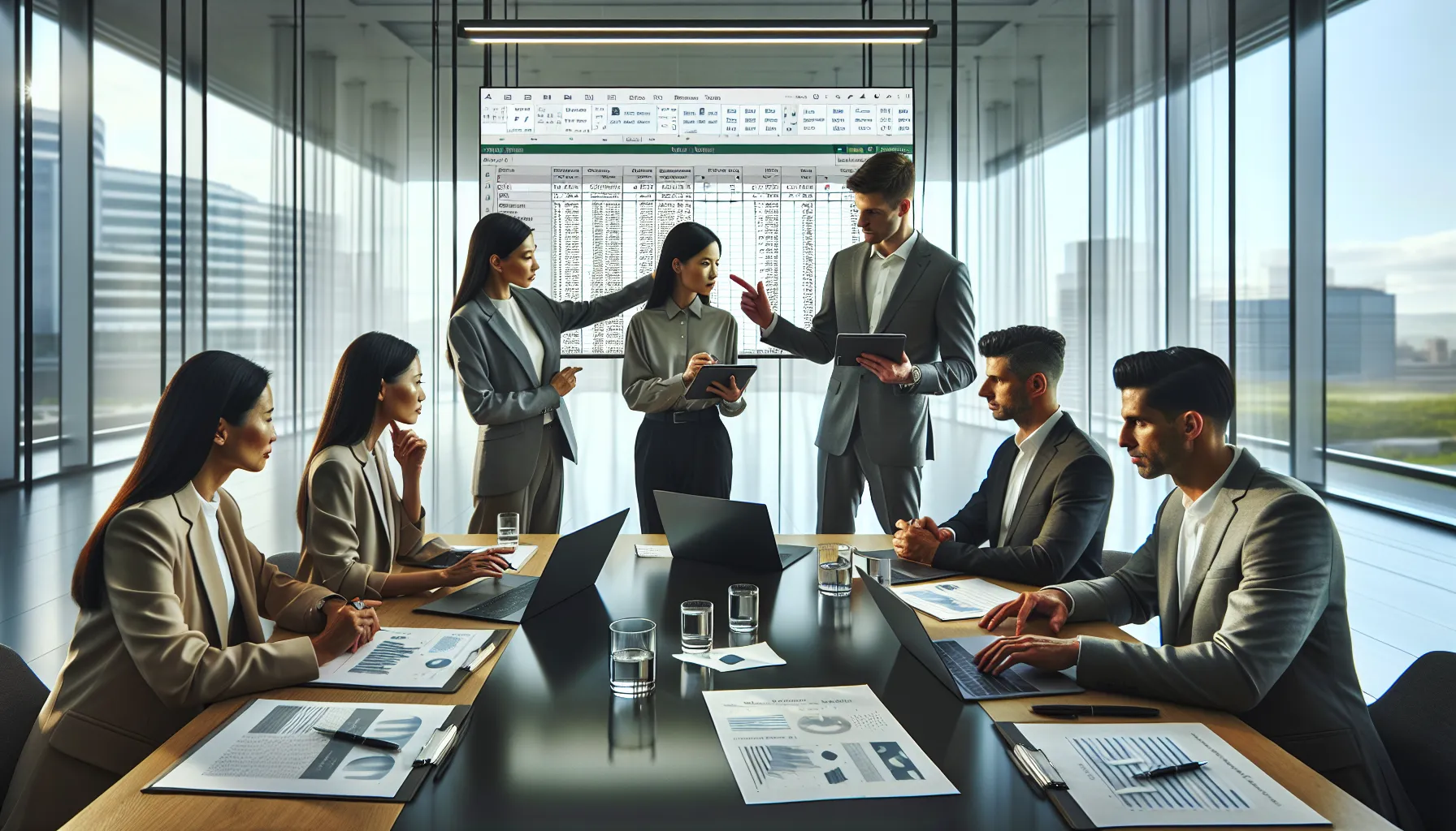 Business team reviewing Excel reports and Power BI dashboards in a modern office.