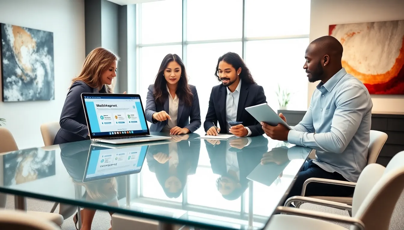 diverse team collaborating around WebBizMagnet software in a modern office.