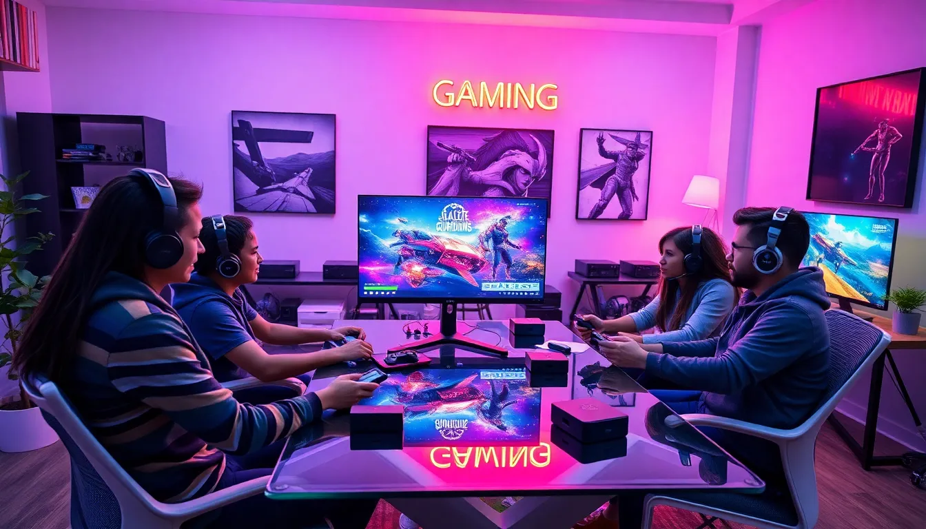 diverse gamers in a modern gaming setup with vibrant game visuals.