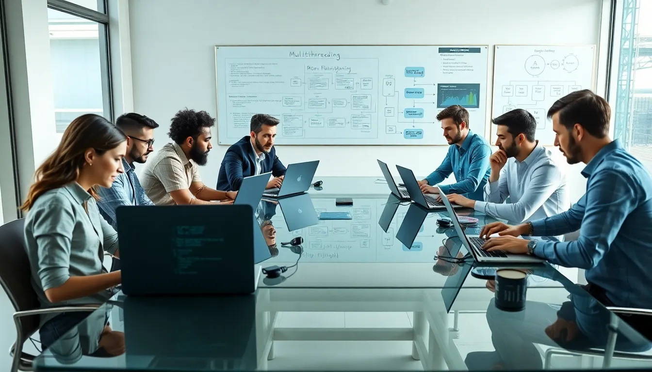 diverse team collaborating on C++ multithreading in a modern office.