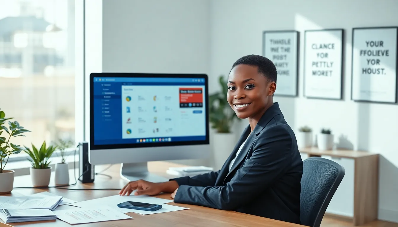 a young woman using a computer to manage projects in a modern office.