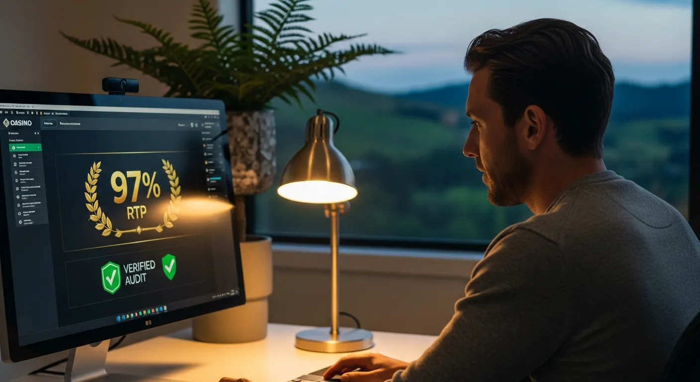 Man analyzing 97% RTP and audit verification on an online casino screen.