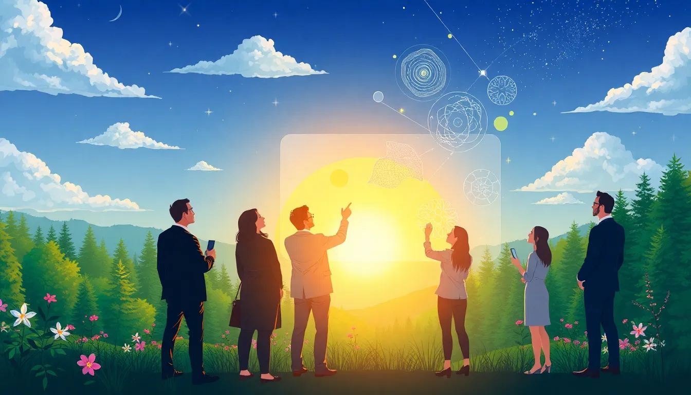 diverse professionals discussing nature and cosmic elements in a modern setting.