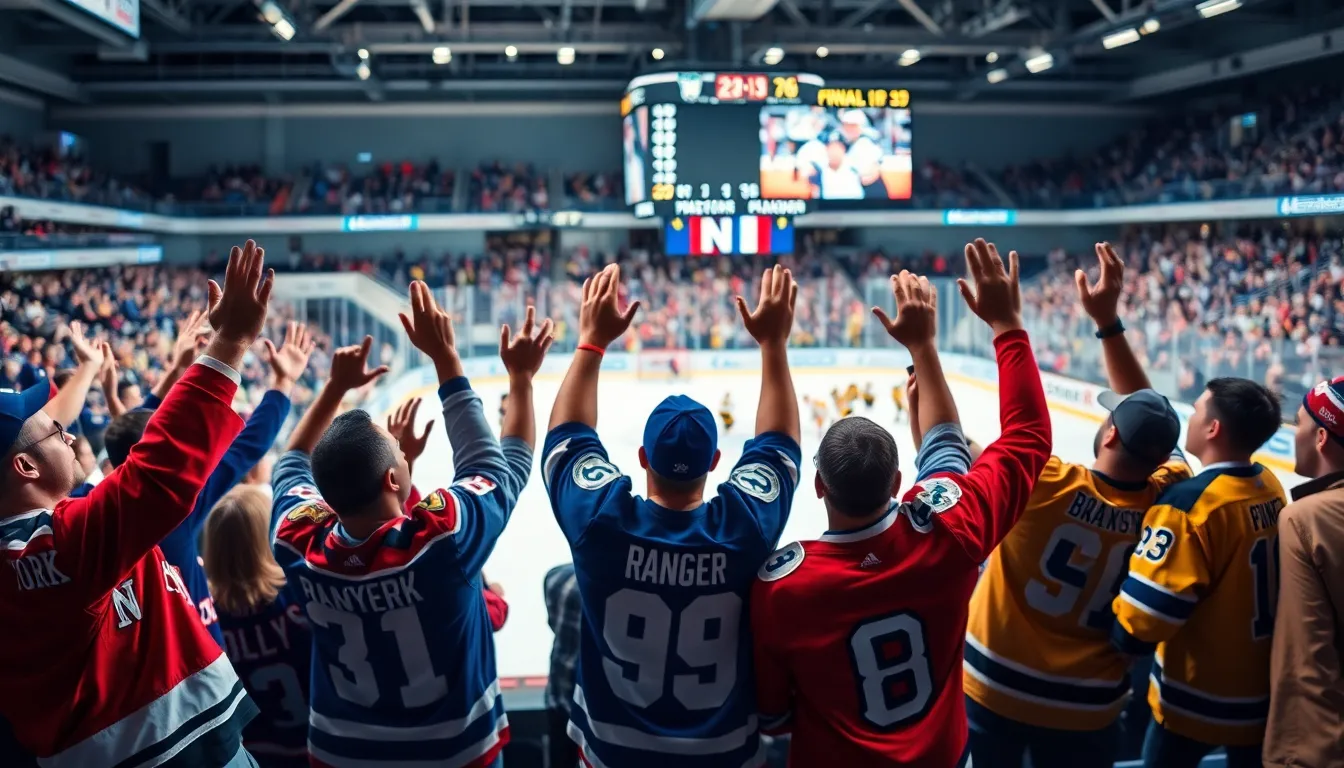 excited hockey fans at a game with players in action.