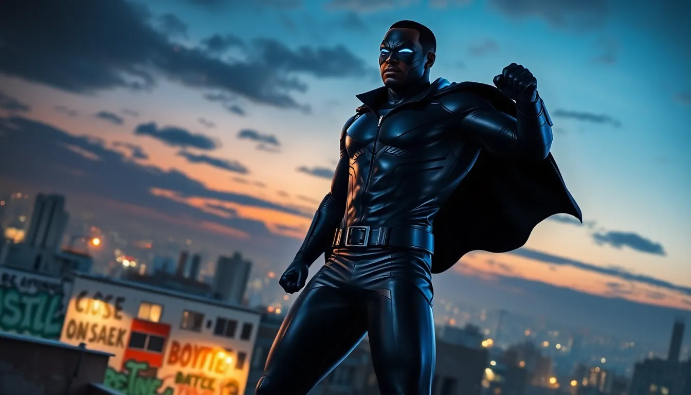 Black superhero standing on a rooftop with dramatic lighting.