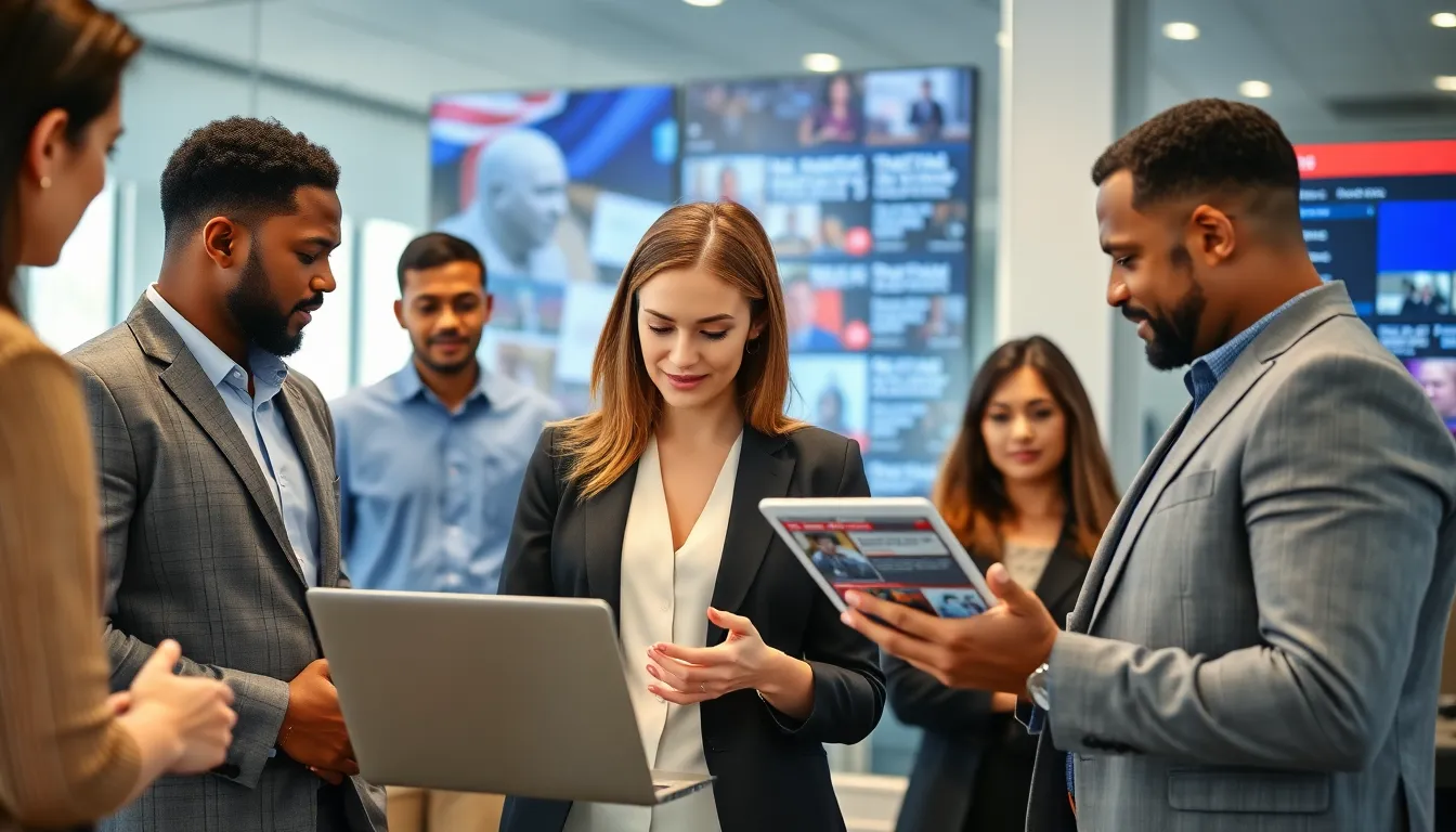 diverse professionals discussing digital news alerts in an office.