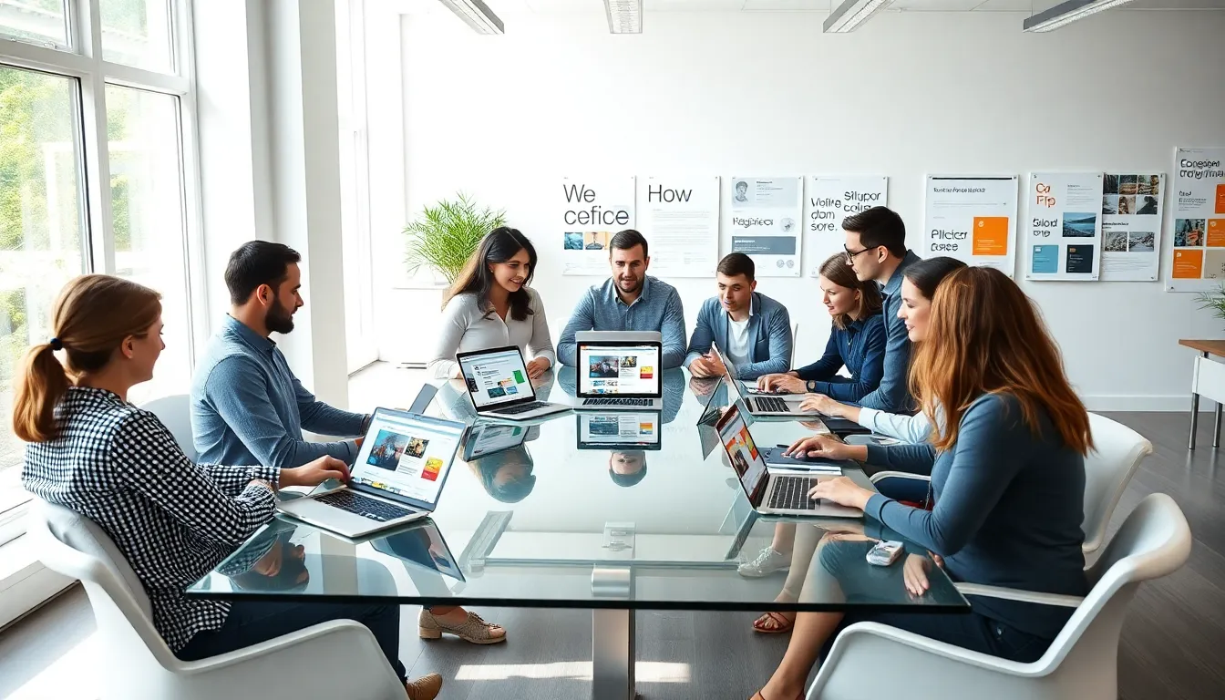 diverse web designers collaborating in a modern office setting.