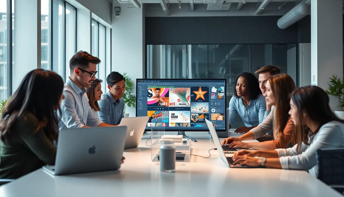 diverse team collaborating on graphic design software in a modern office.