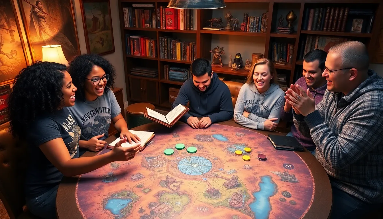 four gamers immersed in a tabletop Dungeons & Dragons session about Neverwinter.