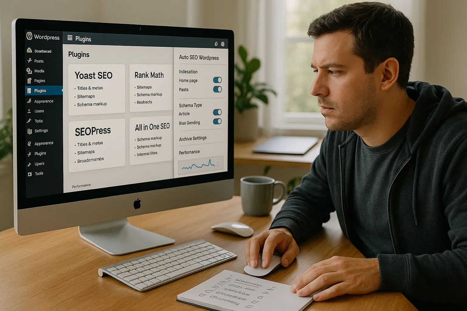 Marketer compares WordPress auto SEO plugins on a desktop screen in a home office.