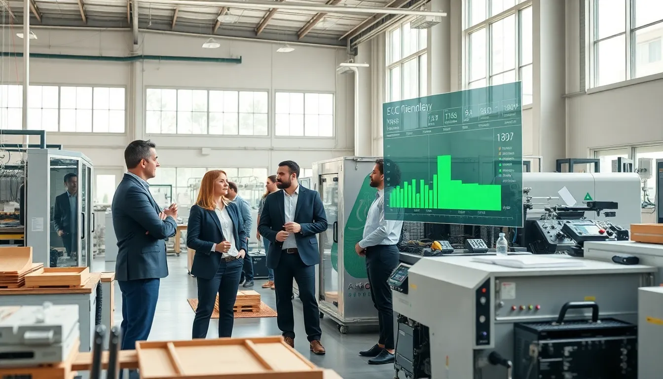 diverse team collaborating on sustainable manufacturing technology in a modern facility.