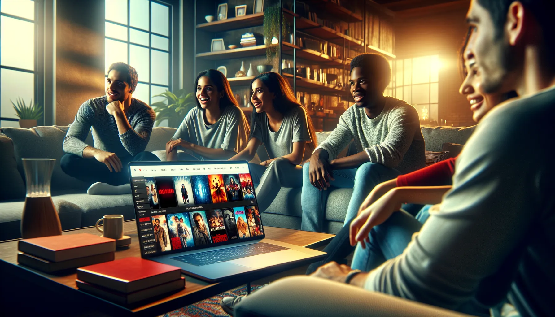 friends browsing movies on a laptop in a cozy living room.