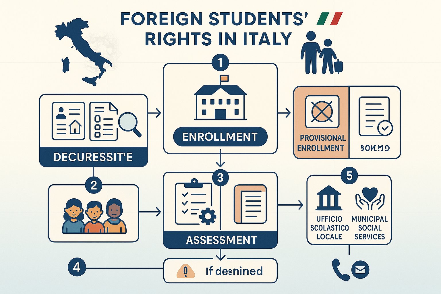 Diagramma di flusso che mostra i diritti di iscrizione e i passi di supporto per gli studenti stranieri in Italia.