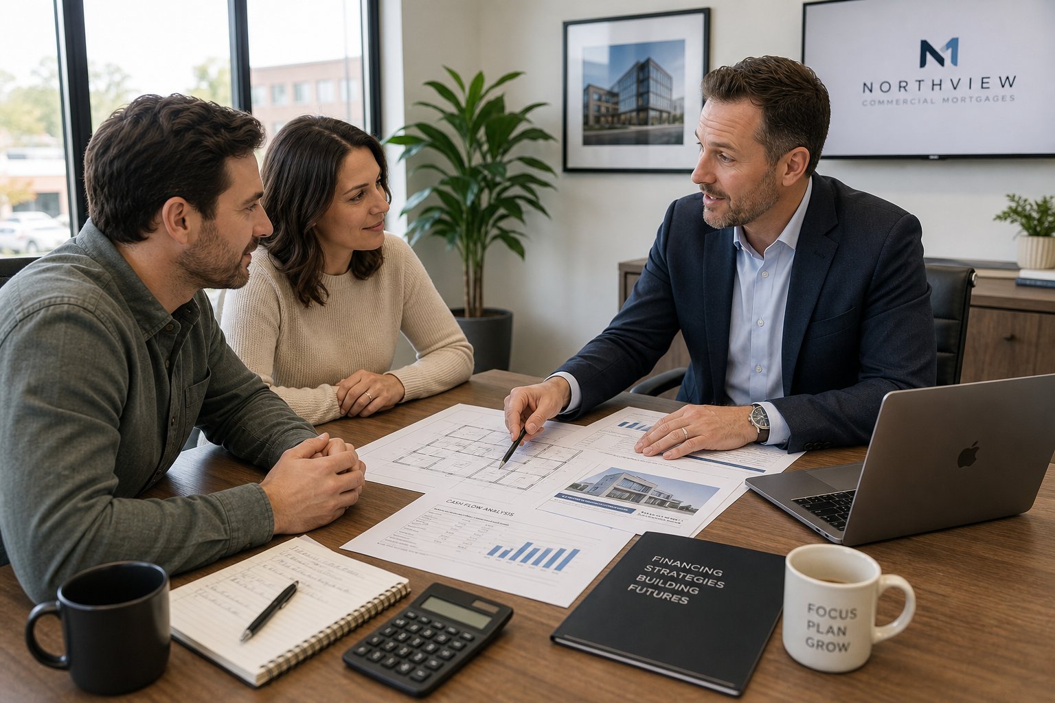 Commercial mortgage advisor meeting business owners in a bright office with documents and property plans.