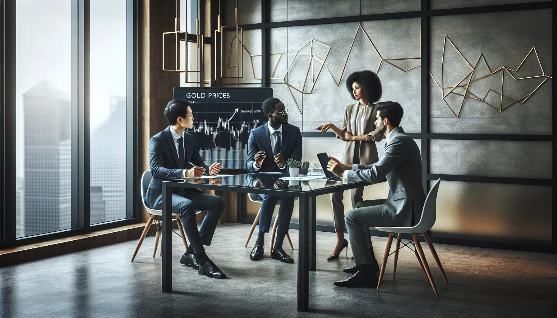 diverse team discussing gold prices in a modern office.