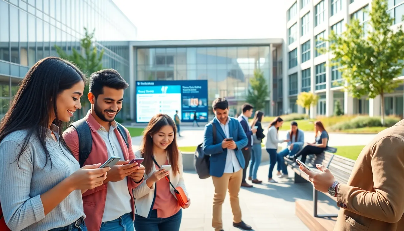 diverse students using mobile apps on a university campus.