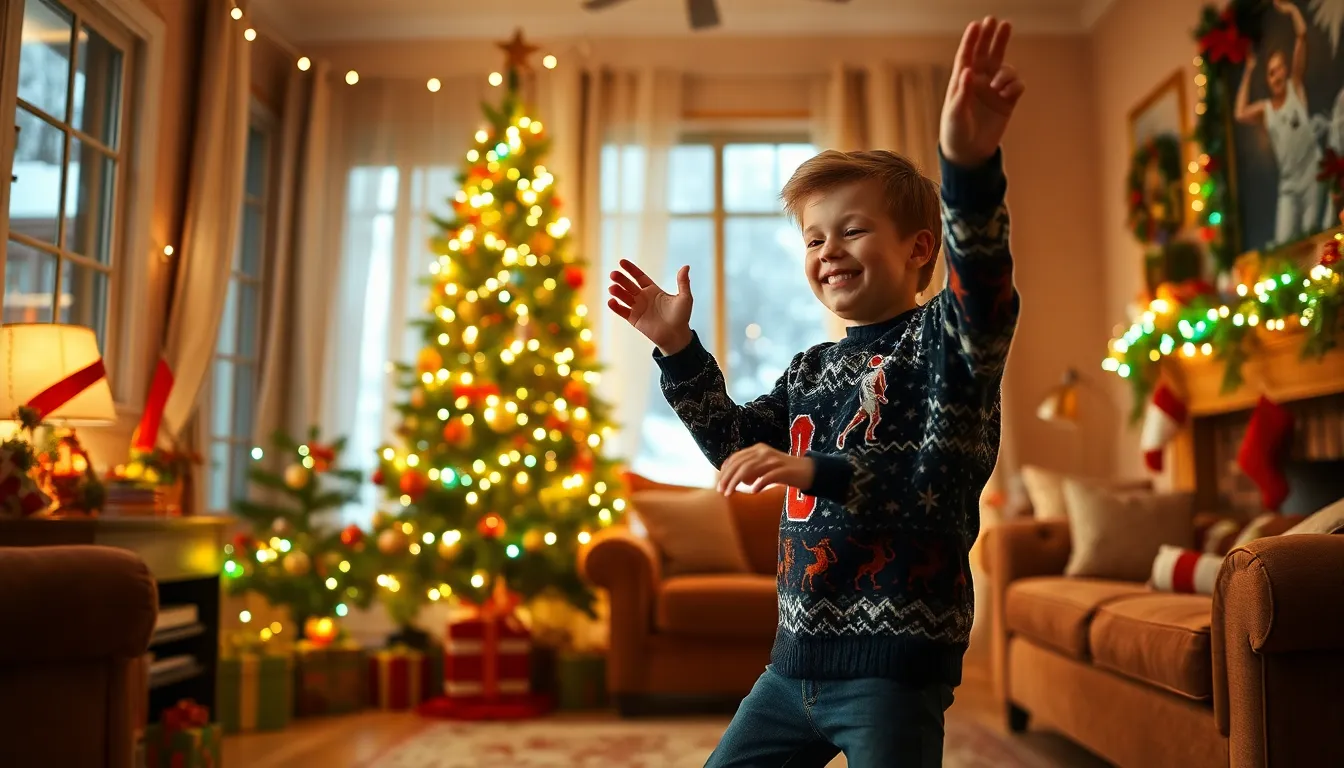 boy dancing in a festive living room during Christmas.