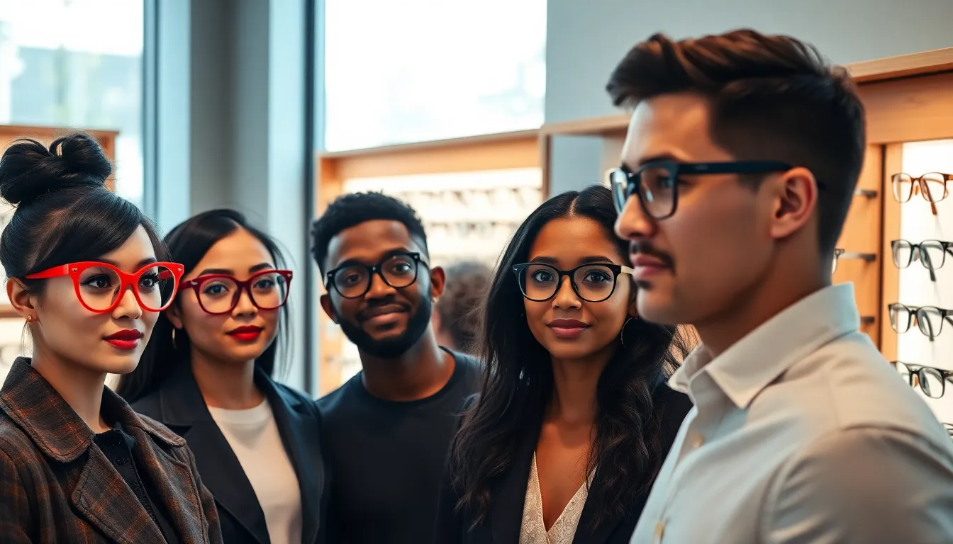 diverse individuals showcasing trendy eyewear styles in a modern boutique.