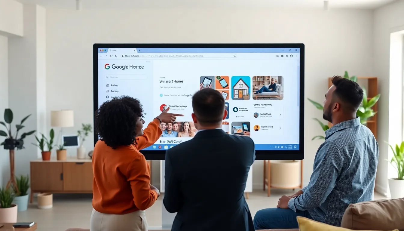 professionals discussing smart home management using Google Home Web.